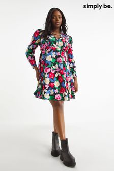 Черное приталенное платье на пуговицах с цветочным принтом Simply Be (583570) | €29
