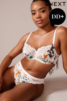 White/Orange Floral Print DD+ Non Pad Full Cup DD+ Non Pad Wired Full Cup Microfibre and Lace Bra (586078) | AED72