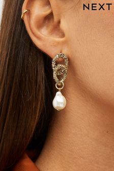 Gold Tone Recycled Metal Chain Link Pearl Drop Earrings (586314) | 21 €
