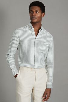 Reiss Sage Bengal Stripe Queens Linen Button-Down Collar Shirt (586775) | LEI 908