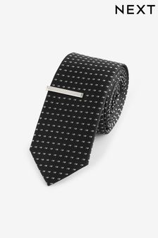 Black/Silver Slim Pattern Tie And Tie Clip (587456) | SGD 25