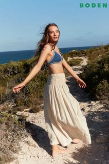 Boden Cream Shirred Waist Linen Midi Skirt (587659) | €62
