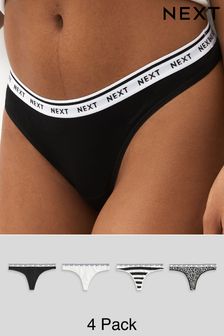 White/Black Printed Thong Cotton Rich Logo Knickers 4 Pack (587828) | 100 zł