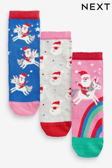 Pink 3 Pack Cotton Rich Bright Christmas Santa Unicorn Ankle Socks (588752) | €5 - €7