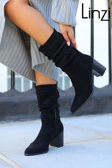 Linzi Wisteria Faux Suede Western Style Ruched Boots With Leather Stacked Heels
