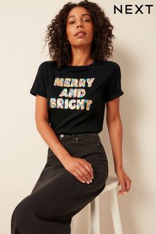 Fröhlich und strahlend - Weihnachts-T-Shirt mit Paillettenverzierung (590418) | 25 €