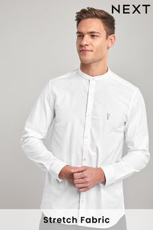White Grandad Collar Slim Fit Short Sleeve Stretch Oxford Shirt (590847) | 11,020 Ft
