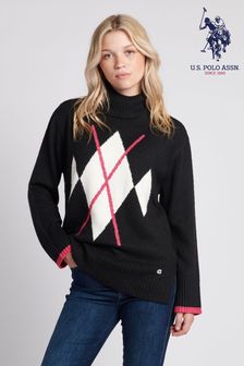 U.S. Polo Assn. Womens Argyle Roll Neck Black Jumper (591677) | €51