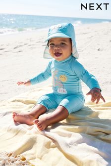 Blue Popper fastening Sunsafe Swimsuit & Hat 2 Piece Set (3mths-7yrs) (592400) | OMR8 - OMR9