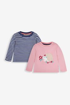 JoJo Maman Bébé Pink Hedgehog 2-Pack Appliqué & Stripe Baby Tops (593249) | €31