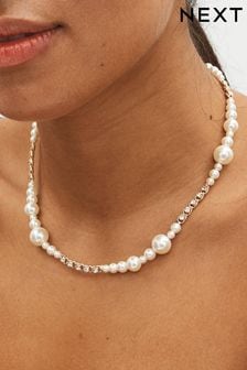 Gold Tone Diamanté And Pearl T-Bar Necklace (593525) | CA$30