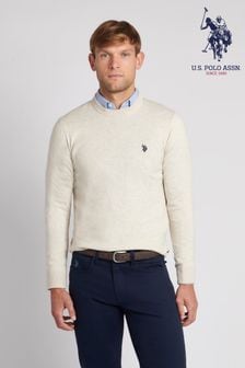 Kremowy - Niebieski bawełniany męski sweter U.S. Polo Assn. z okrągłym dekoltem (593816) | 315 zł