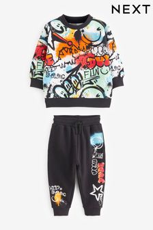 Negru graffiti - Set pantaloni de trening și bluză cu Imprimeuri pe toată suprafața (3 luni - 7 ani) (594169) | 149 LEI - 182 LEI
