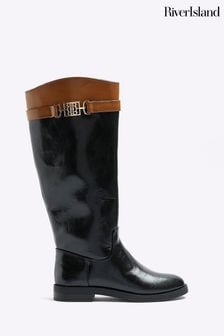 River Island Black Knee High Branded Strap Boots (595143) | $90