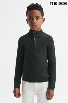 Reiss Forest Green Tempo Junior Slim Fit Knitted Half-Zip Funnel Neck Jumper (595153) | 279 QAR