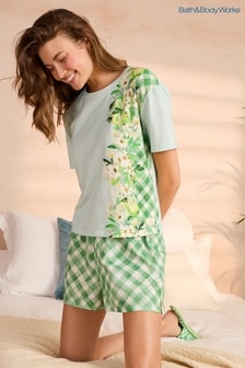 Bath & Body Works Green Gingham Print Jersey T-Shirt and Woven seersucker Short Pyjama Set (596885) | CA$108