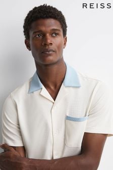 Ecru/Blue - Reiss Troon Cuban Collar Contrast Shirt (597359) | kr2 010