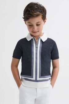 Reiss Eclipse Blue/White London Junior Cotton Knitted Half-Zip Polo T-Shirt (599304) | AED274