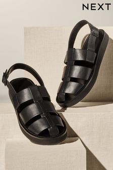 Black Premium Leather Fisherman Sandals (599993) | AED232