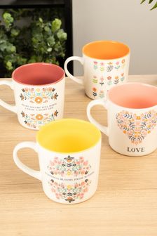 SIIP Set of 4 Pink Folk floral Mugs