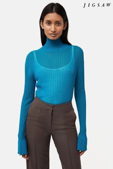 Jigsaw Plissiertes Stricktop mit ausgestellten Bündchen, Blau (600511) | 84 €