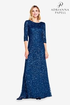 Adrianna Papell Blue 3/4 Sleeve Beaded Mermaid Gown (600607) | kr4,530