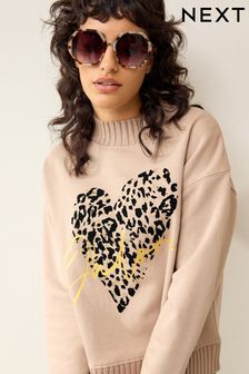 Neutral Brown Ribbed High Neck J'adore Heart Graphic Sweatshirt (600925) | 42 €
