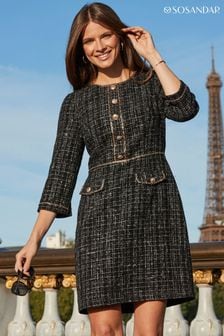 Sosandar Black Boucle Trim Button Detail Shift Dress (602650) | LEI 507