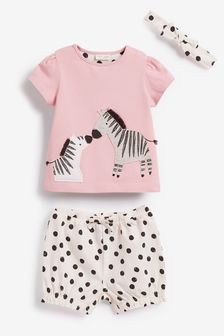 Pink Polka Dot 3 Piece Baby Zebra T-Shirt, Shorts And Headband Set (0mths-2yrs) (602958) | €15 - €17