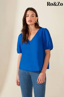 Ro&Zo Blue Linen Pintuck Sleeve Blouse (603267) | €38
