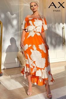 AX Paris Orange Blood Printed Bardot Style Midi Dress