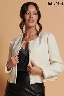 Jolie Moi Cream Contrast Trim Tweed Jacket (603802) | OMR44