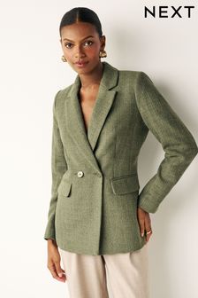 Sage Green Bouclé Fitted Double Breasted Blazer (604426) | AED136