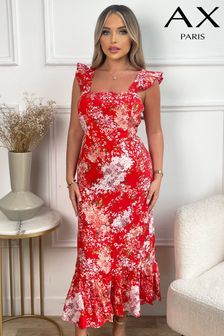 Czerwona sukienka midi AX Paris z nadrukiem kwiatowym i falbankami na ramiączkach (605524) | 157 zł