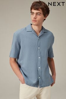 Blue Textured Short Sleeve Cuban Collar Shirt (606080) | 155 SAR