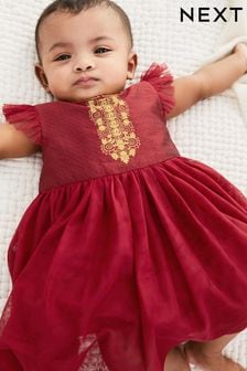 Red/Gold Baby Embroidered Occasion Dress (0mths-2yrs) (606108) | €19 - €22