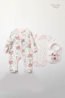 粉紅／白色 - Rock-A-Bye嬰兒服飾粉色花朵印花棉質3件式嬰兒禮品套裝 (607390) | NT$1,170