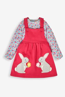 JoJo Maman Bébé Rose Pink Bunny Girls' 2-Piece Appliqué Pinafore Dress & Top Set (609082) | €43
