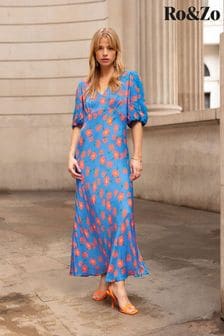 Ro&Zo Blue Evora Poppy Print Midi Dress (609218) | €79