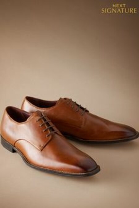Tan Brown Signature Italian Leather Square Toe Derby Shoes (609312) | €85