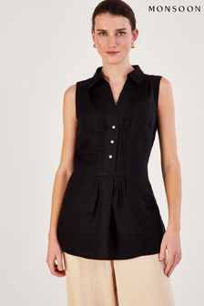 Monsoon Beryl Longline Tunic Top in Linen Blend Black Blouse (609549) | €32