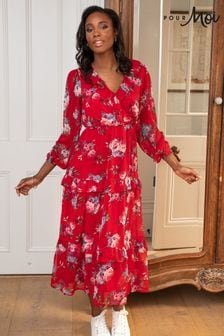 Rot geblümt - Pour Moi Wadenlanges Kleid aus recyceltem Chiffon mit Rüschen (610032) | 92 €