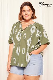 Curves Like These Khaki Green Tie Neck Puff Sleeve Blouse (610176) | KRW74,700