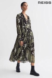 Reiss Green Lottie Floral Print Tie Neck Midi Dress (610788) | AED1,786
