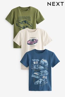 Navy Blue/Khaki Green Car Graphic T-Shirts 3 Pack (3-16yrs) (611055) | €28 - €37