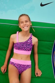 Nike Pink Animal Print Asymmetrical Top Bikini Set (612407) | kr490