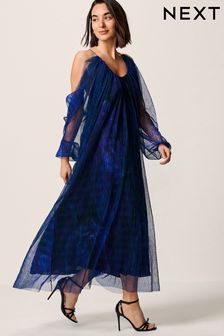 Navy Blue Floral Crinkle Mesh Volume Cami Maxi Dress (613662) | 377 QAR