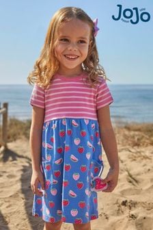 JoJo Maman Bébé Blue Pink Stripe & Strawberry Print With Pet In Pocket Combo Dress (614879) | 139 zł