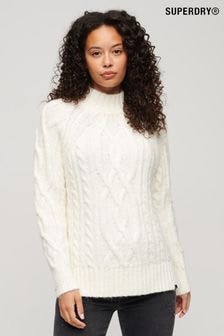 Superdry White 100% Cotton High Neck Cable Knit Jumper (615035) | $120