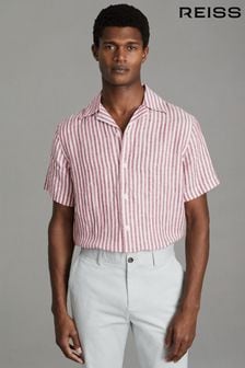 Reiss Pink Stripe Beldi Relaxed Linen Cuban Collar Shirt (615959) | OMR66